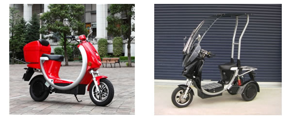 本システムに対応した電動2輪バイク『スカルピーナ』（左）電動3輪バイク『エコキャリー』（右）
