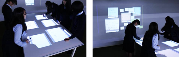 空間UI技術を用いて、生徒がタブレット内のデータを卓上や壁面などの空間に表示し、グループ討議を行う様子