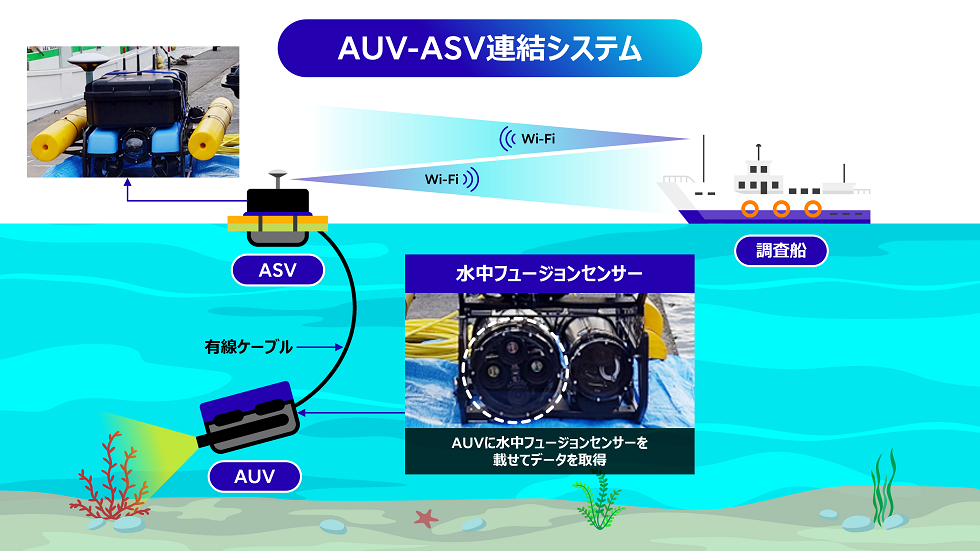 図4 AUV-ASV連結システムとデータ取得風景