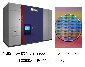 半導体露光装置NSR-S622D（左）とシリコンウェハー（右） 写真提供：株式会社ニコン様