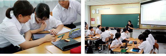 写真．左：タブレットを使った授業風景、右：「知恵たま」を通じ集めた意見をプロジェクターに投影している様子