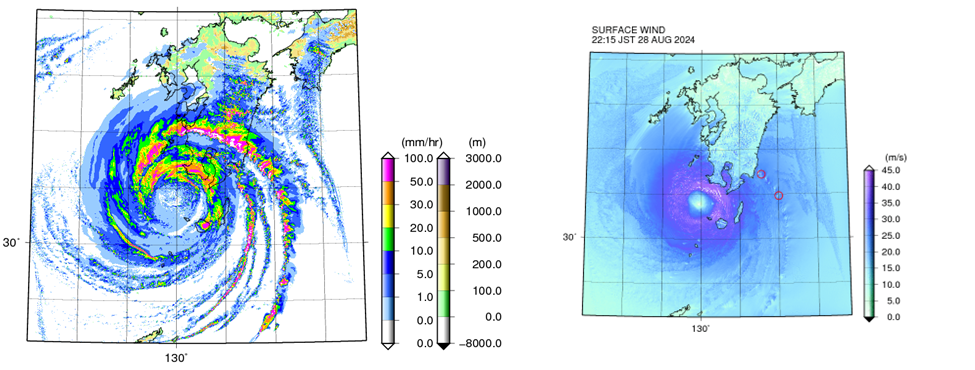 図1. 2024年台風10号の台風全域のシミュレーション結果（左：雨量、右：風速）