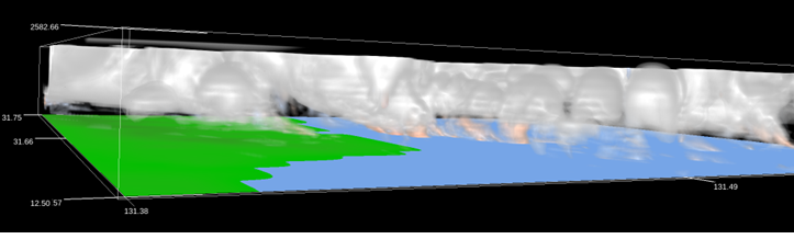 図2. 2024年台風10号に伴う竜巻の再現（20km x 20km）赤い部分が竜巻と思われる強い渦状の強風、白い部分が竜巻上部の渦状の雲